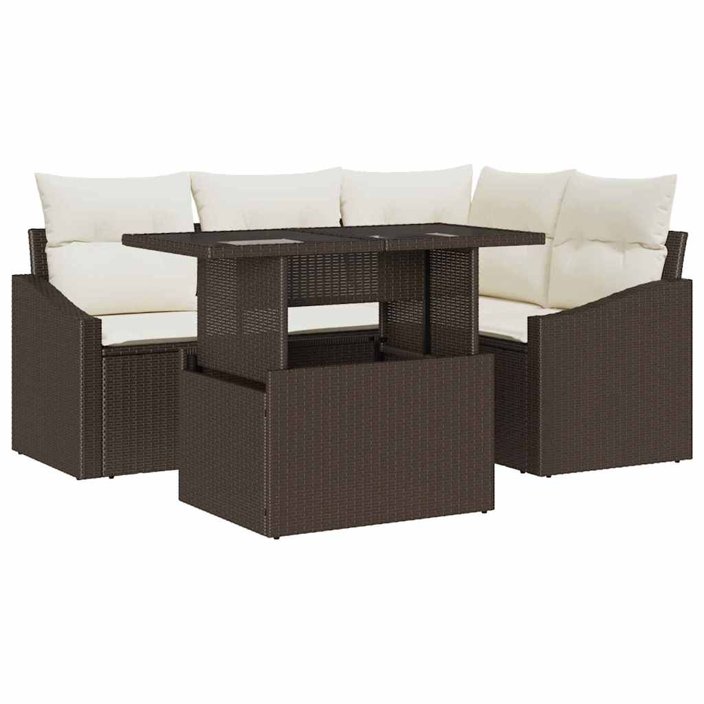 Tuin Sofa Set met kussen 5 pcs Bruin en Crème poly rattan is nu te koop bij PeponiXL, paradijselijk wonen!