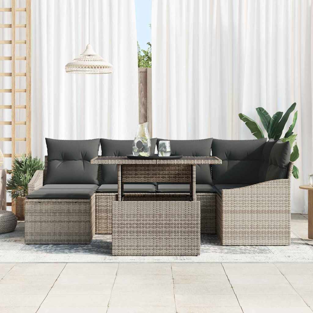 Tuin Sofa Set 7 pcs Grijs Poly rattan en gepoedercoat staal is nu te koop bij PeponiXL, paradijselijk wonen!