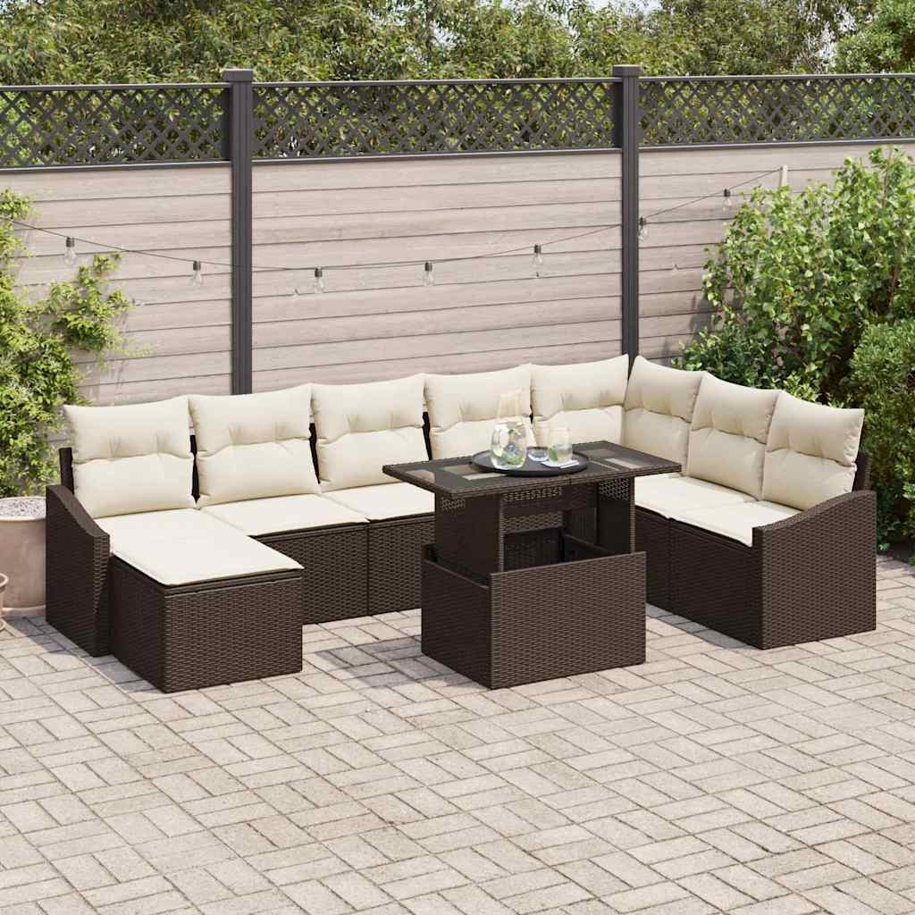 Bankstel met kussen met opslag 9 pcs Bruin en Crème poly rattan is nu te koop bij PeponiXL, paradijselijk wonen!