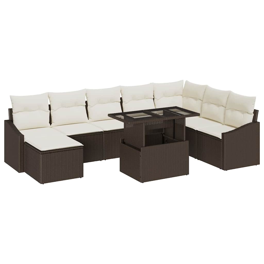 Bankstel met kussen met opslag 9 pcs Bruin en Crème poly rattan is nu te koop bij PeponiXL, paradijselijk wonen!