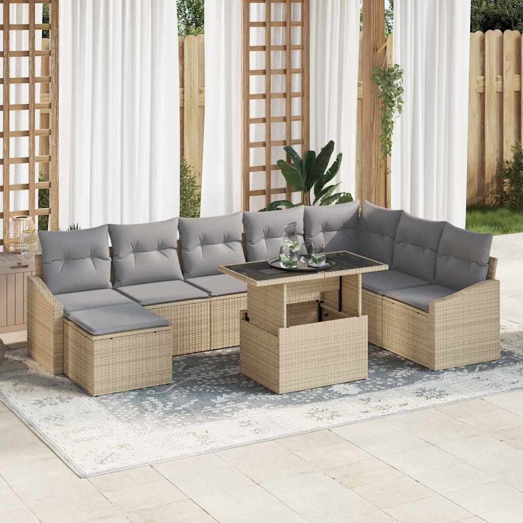 Bankstel met kussen 9 pcs Beige en Licht Grijs poly rattan is nu te koop bij PeponiXL, paradijselijk wonen!