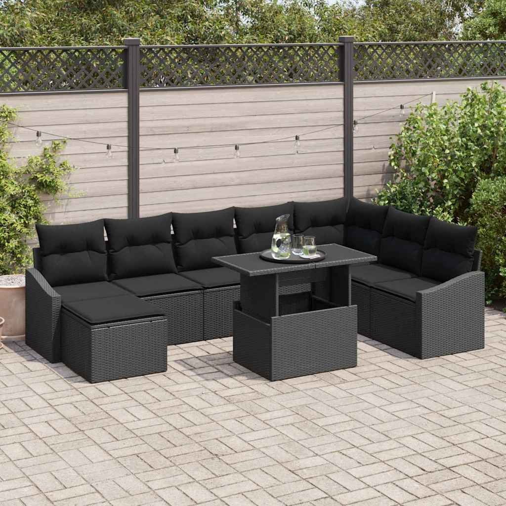 Bankstel met kussen met opslag 9 pcs Zwart poly rattan is nu te koop bij PeponiXL, paradijselijk wonen!