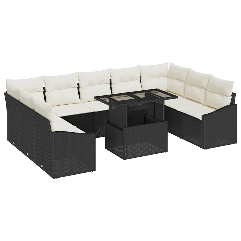 Bankstel met kussen 10 pcs Zwart en Crème poly rattan is nu te koop bij PeponiXL, paradijselijk wonen!