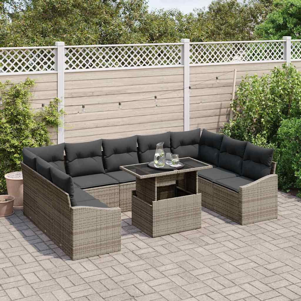 Bankstel met kussen 10 pcs Grijs poly rattan is nu te koop bij PeponiXL, paradijselijk wonen!