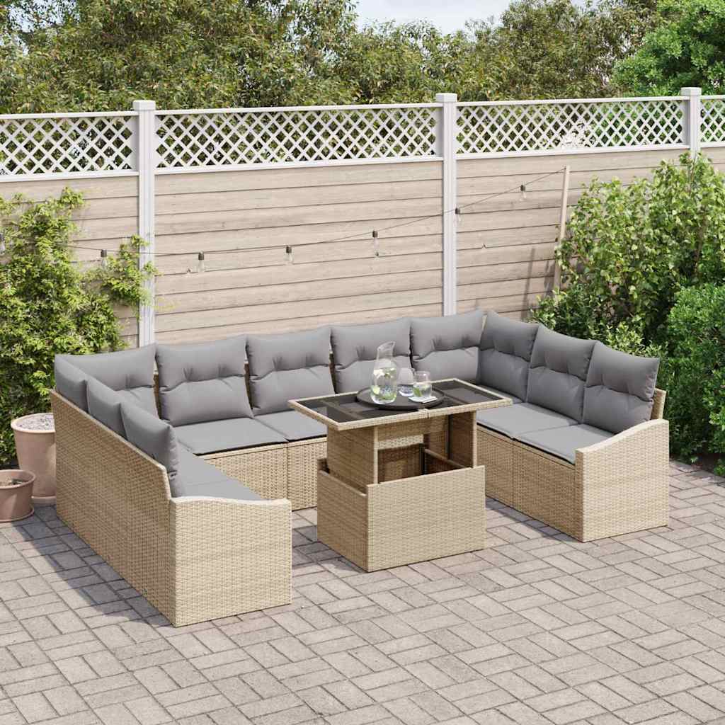 Bankstel met kussen 10 pcs Beige en Licht Grijs poly rattan is nu te koop bij PeponiXL, paradijselijk wonen!