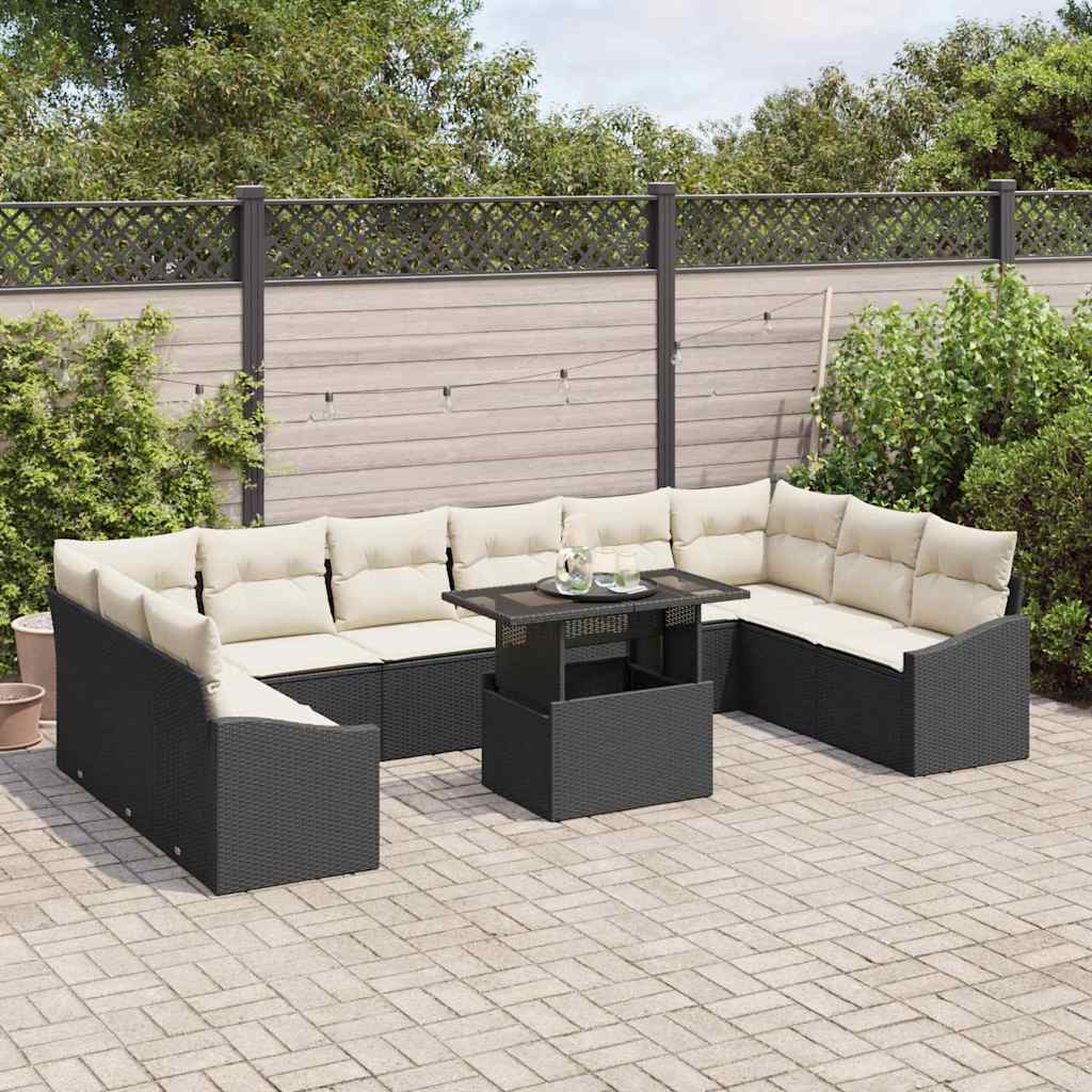 Bankstel met kussen 11 pcs Zwart en Crème poly rattan is nu te koop bij PeponiXL, paradijselijk wonen!