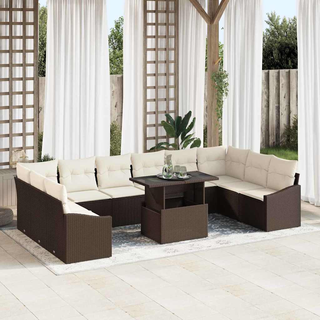 Bankstel met kussen 11 pcs Bruin en Crème poly rattan is nu te koop bij PeponiXL, paradijselijk wonen!
