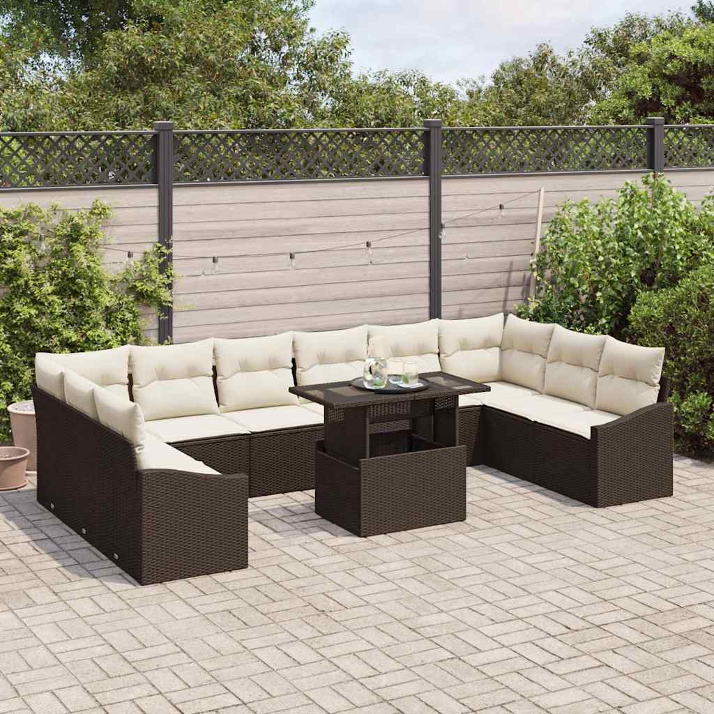 Bankstel met kussen 11 pcs Bruin en Crème poly rattan is nu te koop bij PeponiXL, paradijselijk wonen!