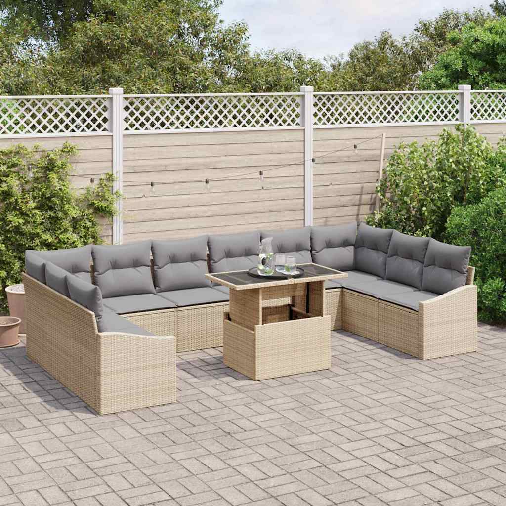 Bankstel met kussen 11 pcs Beige en Licht Grijs poly rattan is nu te koop bij PeponiXL, paradijselijk wonen!