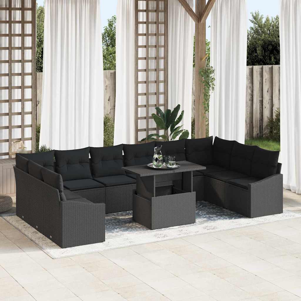 Bankstel met kussen 11 pcs Zwart poly rattan is nu te koop bij PeponiXL, paradijselijk wonen!