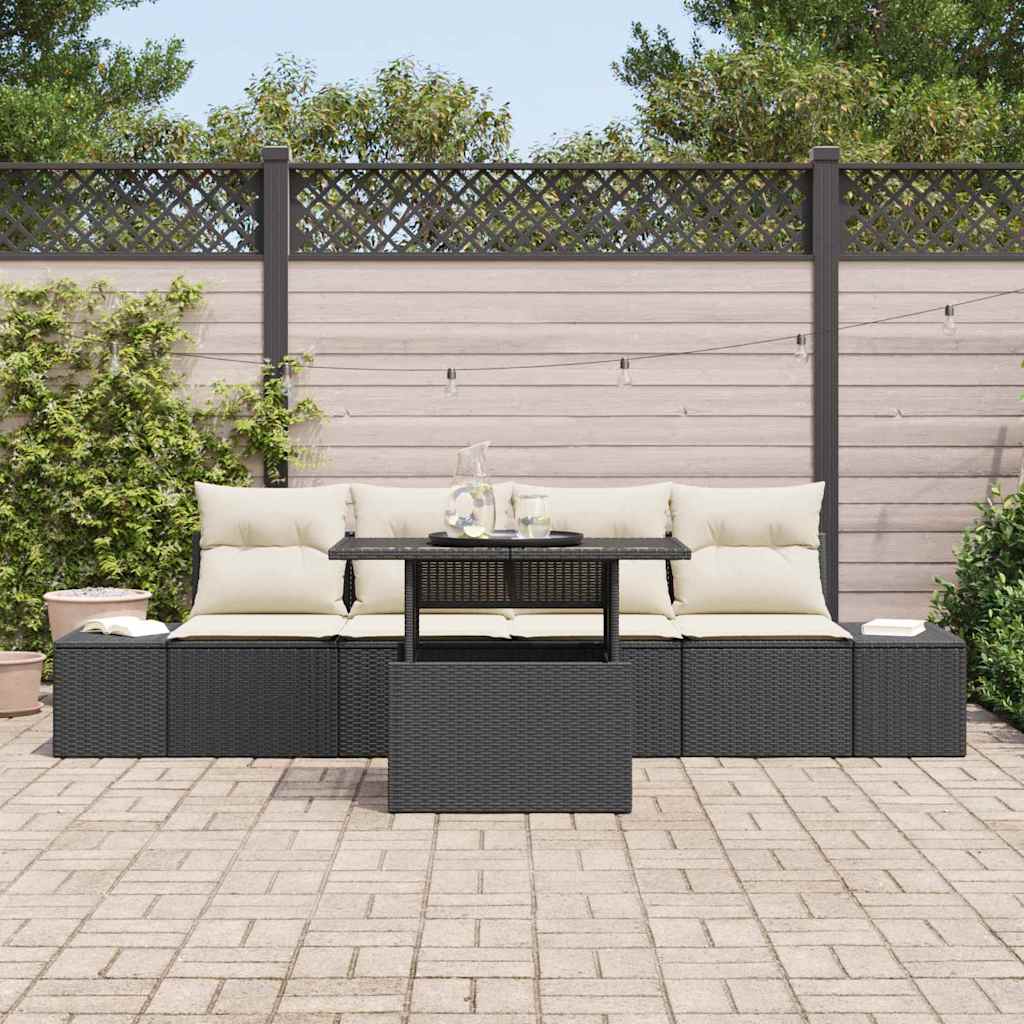 Bankstel met kussen 5 pcs Zwart en Crème poly rattan is nu te koop bij PeponiXL, paradijselijk wonen!