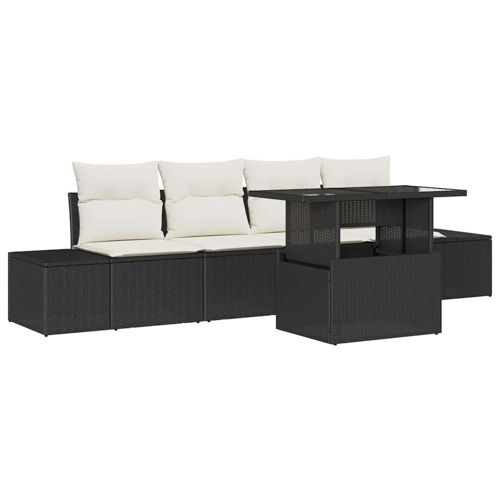 Bankstel met kussen 5 pcs Zwart en Crème poly rattan is nu te koop bij PeponiXL, paradijselijk wonen!