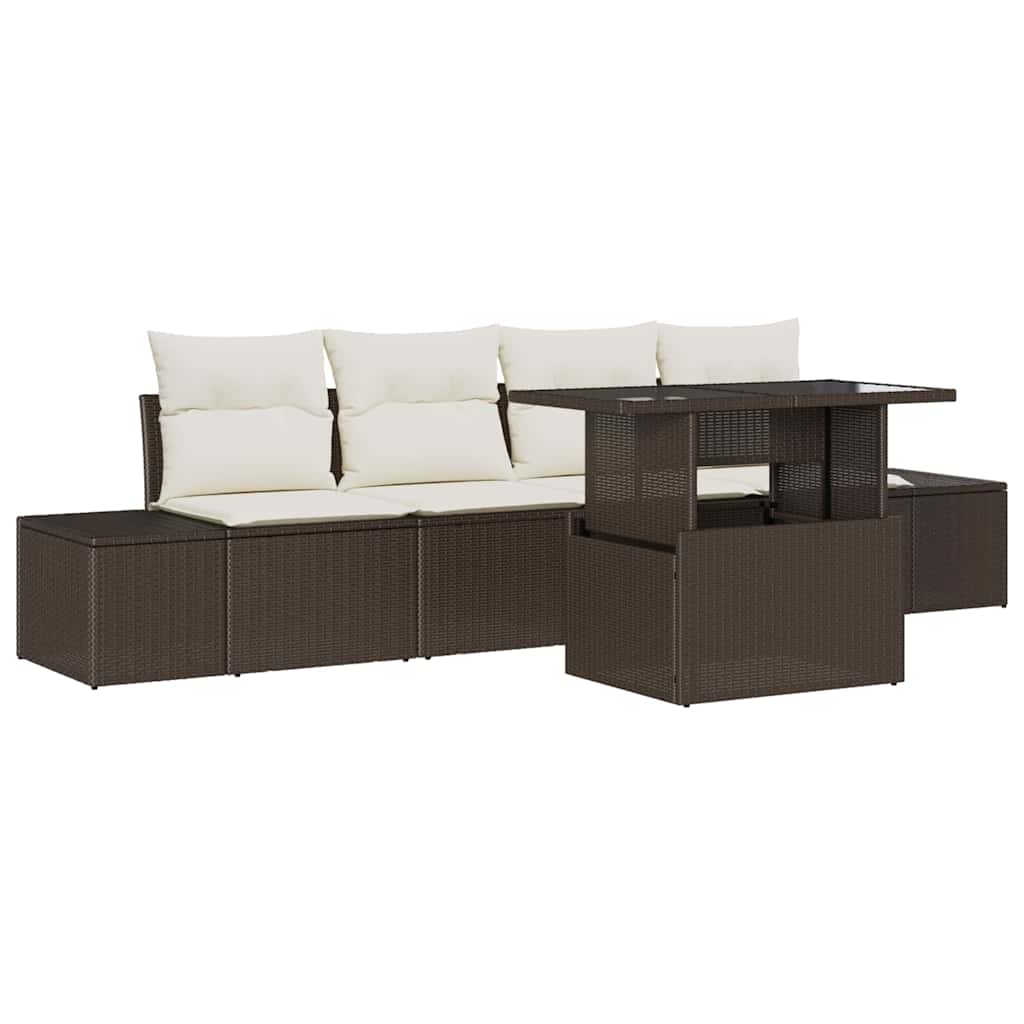 Bankstel met kussen 5 pcs Bruin en Crème poly rattan is nu te koop bij PeponiXL, paradijselijk wonen!