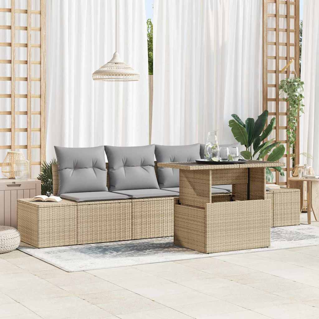 Bankstel met kussen 5 pcs Beige en Licht Grijs poly rattan is nu te koop bij PeponiXL, paradijselijk wonen!