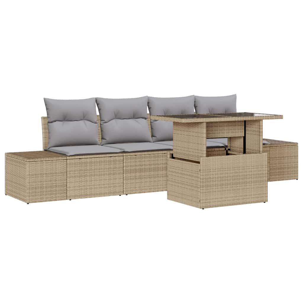 Bankstel met kussen 5 pcs Beige en Licht Grijs poly rattan is nu te koop bij PeponiXL, paradijselijk wonen!
