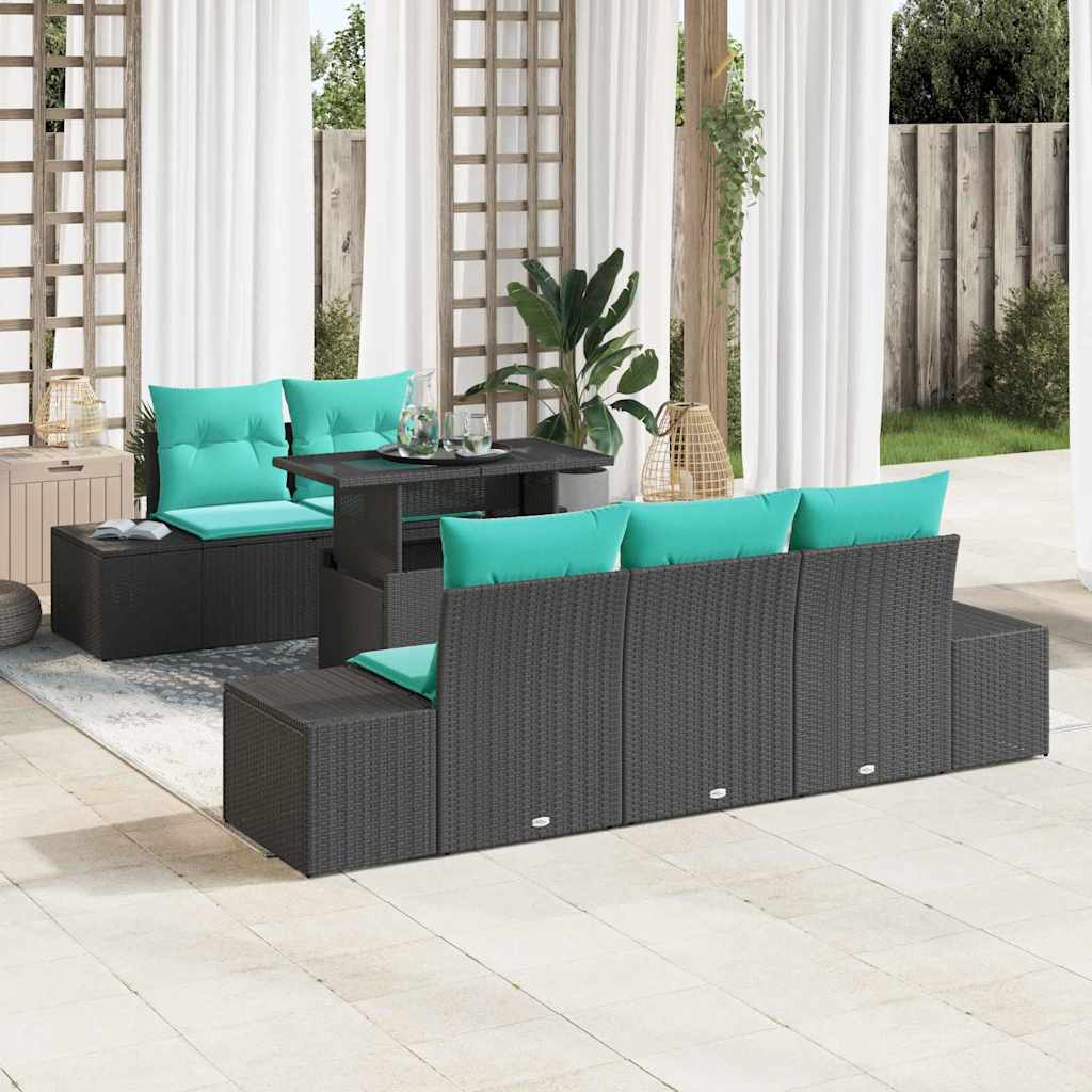 Bankstel 6 st 5-Aantal zitplaatsen Zwart en Blauw poly rattan