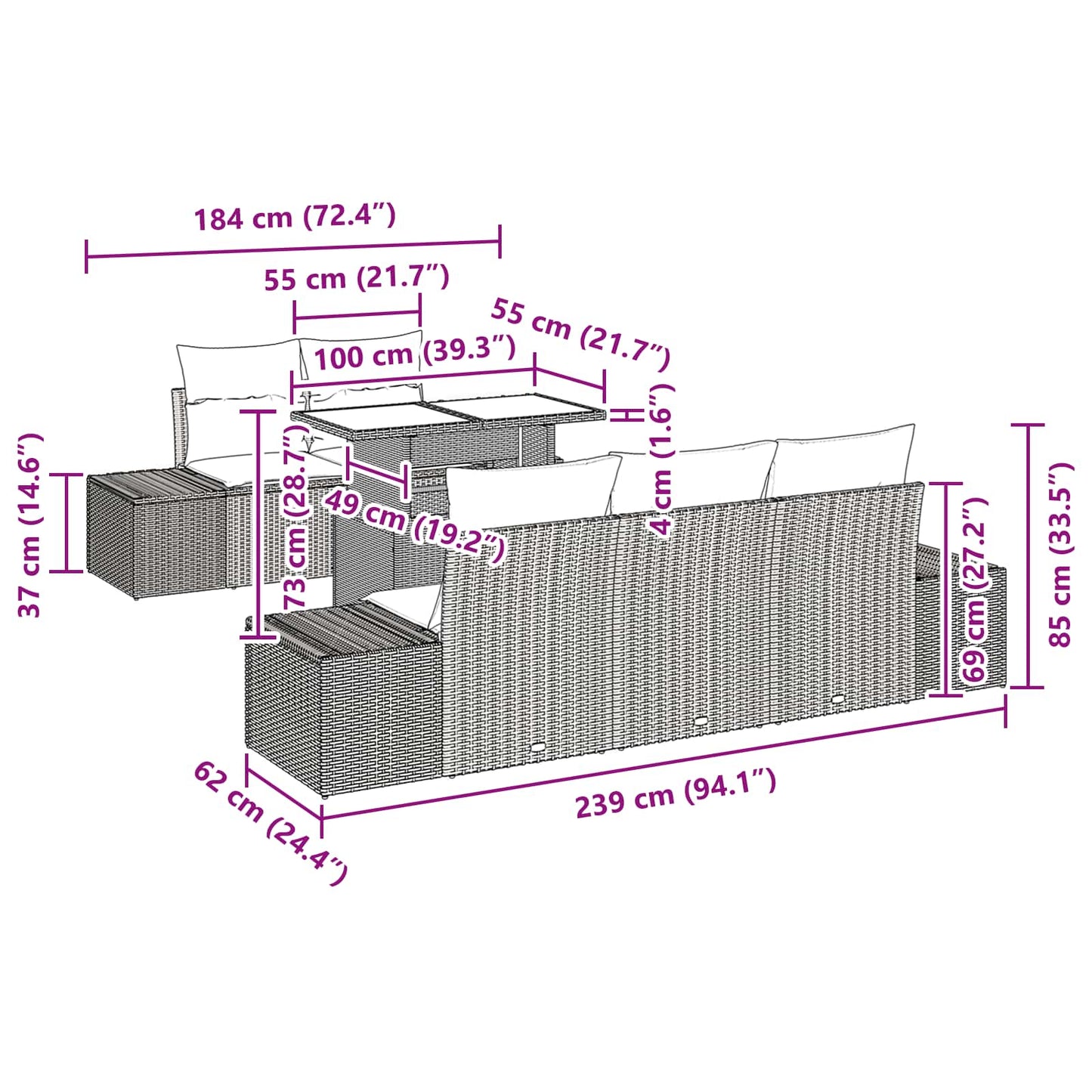 Bankstel 6 st 5-Aantal zitplaatsen Zwart en Blauw poly rattan