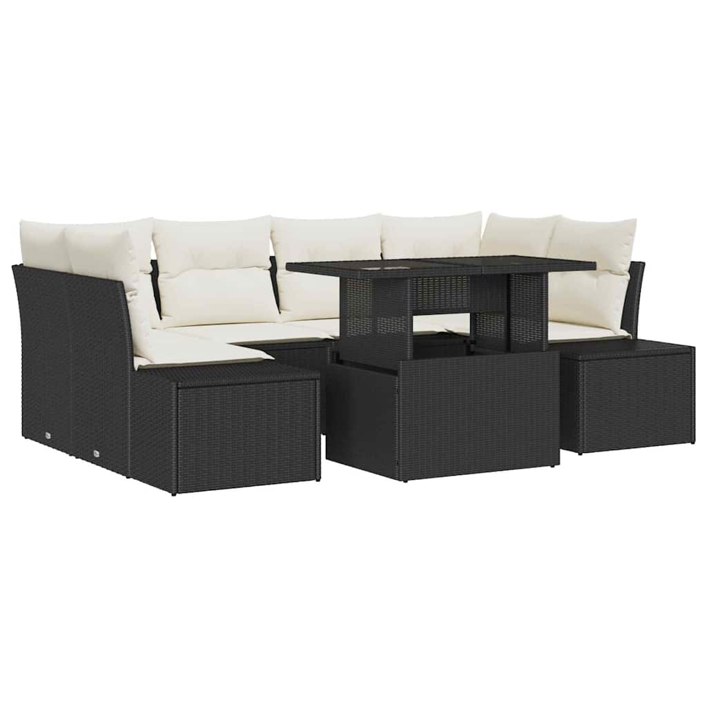 Bankstel met kussen 7 pcs Zwart en Crème poly rattan is nu te koop bij PeponiXL, paradijselijk wonen!