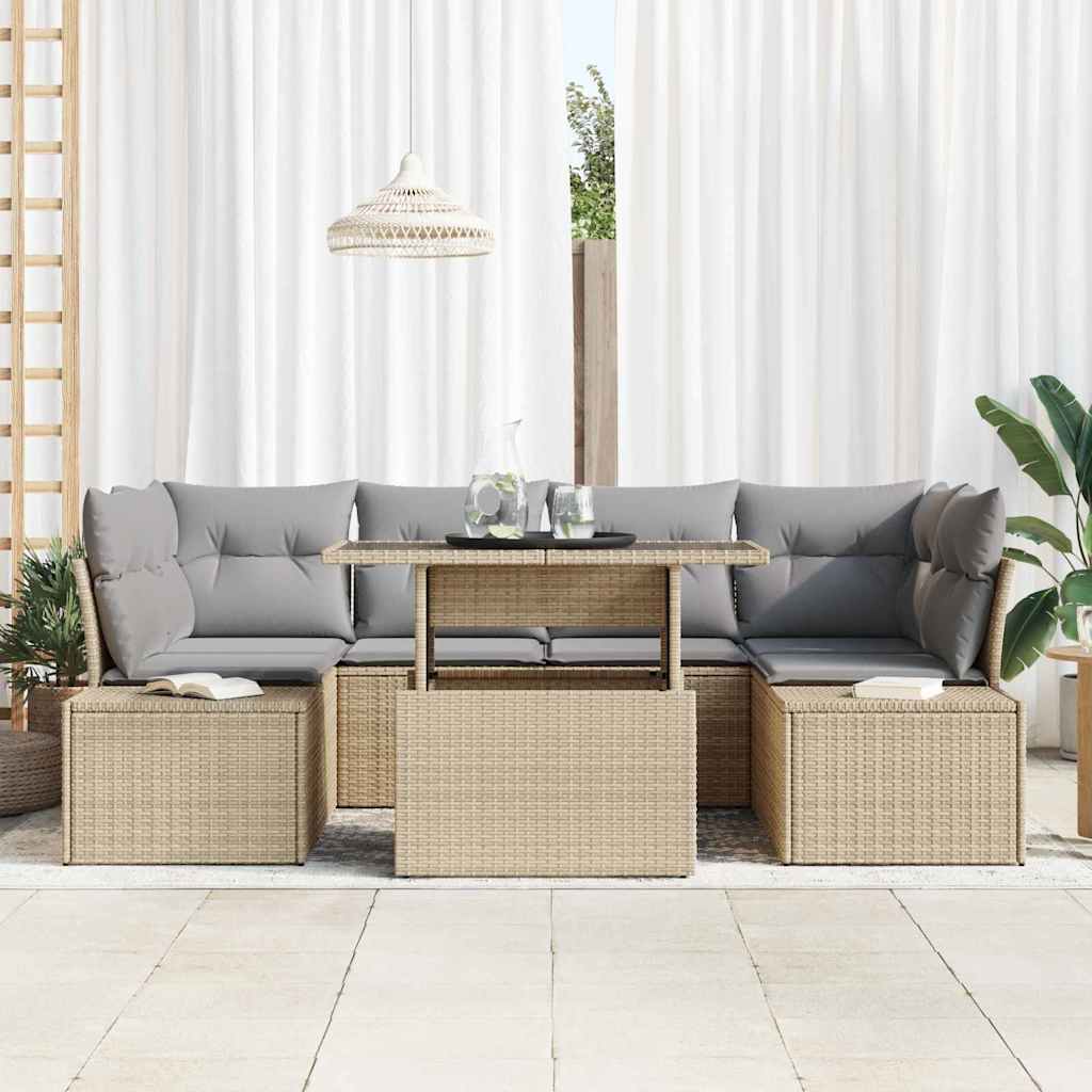 Bankstel met kussen 7 pcs Beige en Licht Grijs poly rattan is nu te koop bij PeponiXL, paradijselijk wonen!
