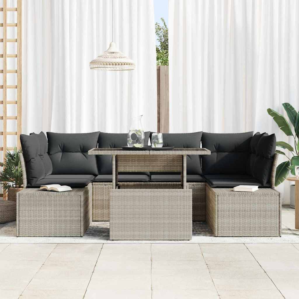 Bankstel met kussen 7 pcs Lichtgrijs poly rattan is nu te koop bij PeponiXL, paradijselijk wonen!