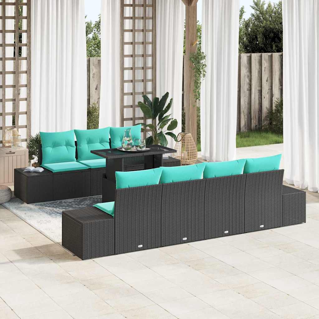 Bankstel 8 st 7-Aantal zitplaatsen Zwart en Blauw poly rattan