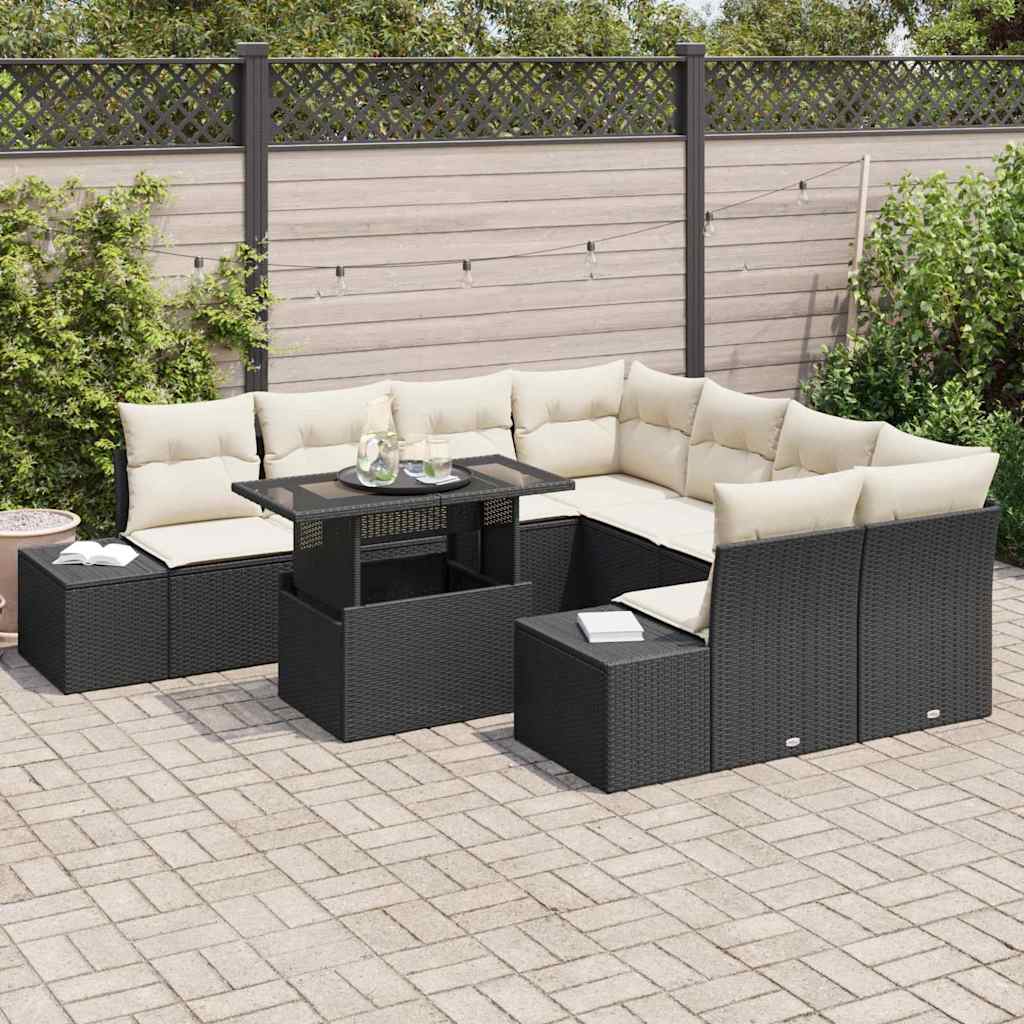 Tuin Sofa Set met kussen 9 pcs Zwart en Crème poly rattan is nu te koop bij PeponiXL, paradijselijk wonen!