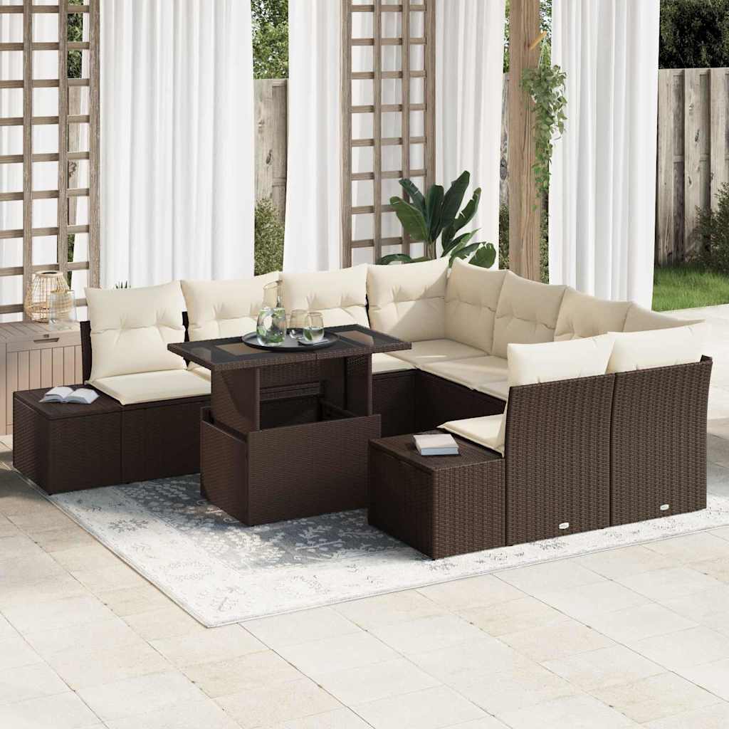 Tuin Sofa Set met kussen 9 pcs Bruin en Crème poly rattan is nu te koop bij PeponiXL, paradijselijk wonen!