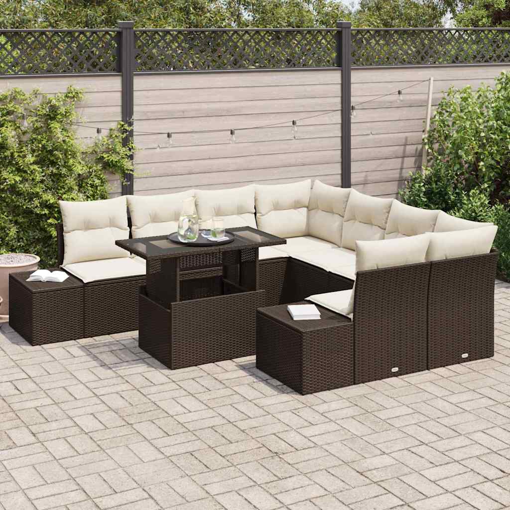 Tuin Sofa Set met kussen 9 pcs Bruin en Crème poly rattan is nu te koop bij PeponiXL, paradijselijk wonen!