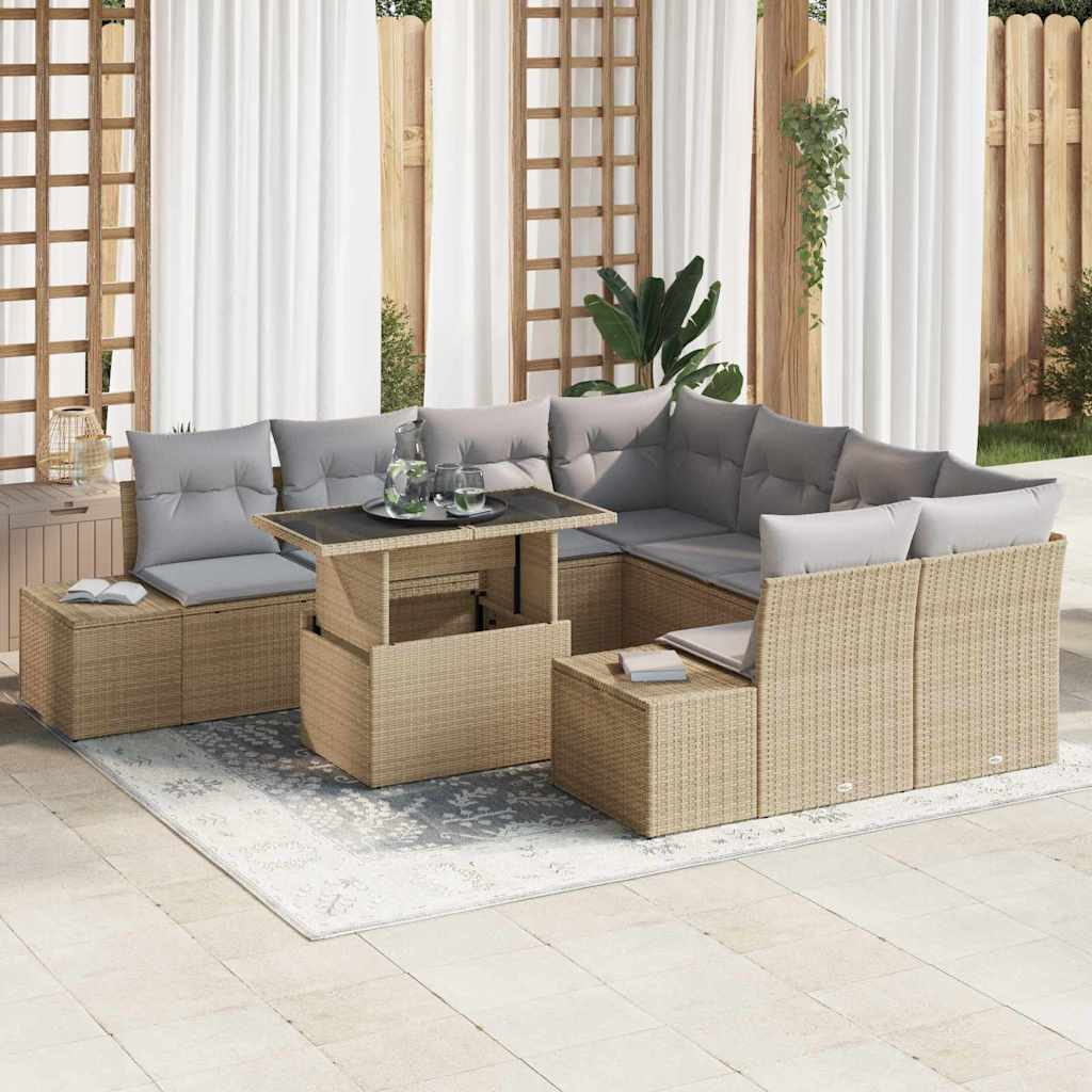 Tuin Sofa Set met kussen 9 pcs Beige en Licht Grijs poly rattan is nu te koop bij PeponiXL, paradijselijk wonen!