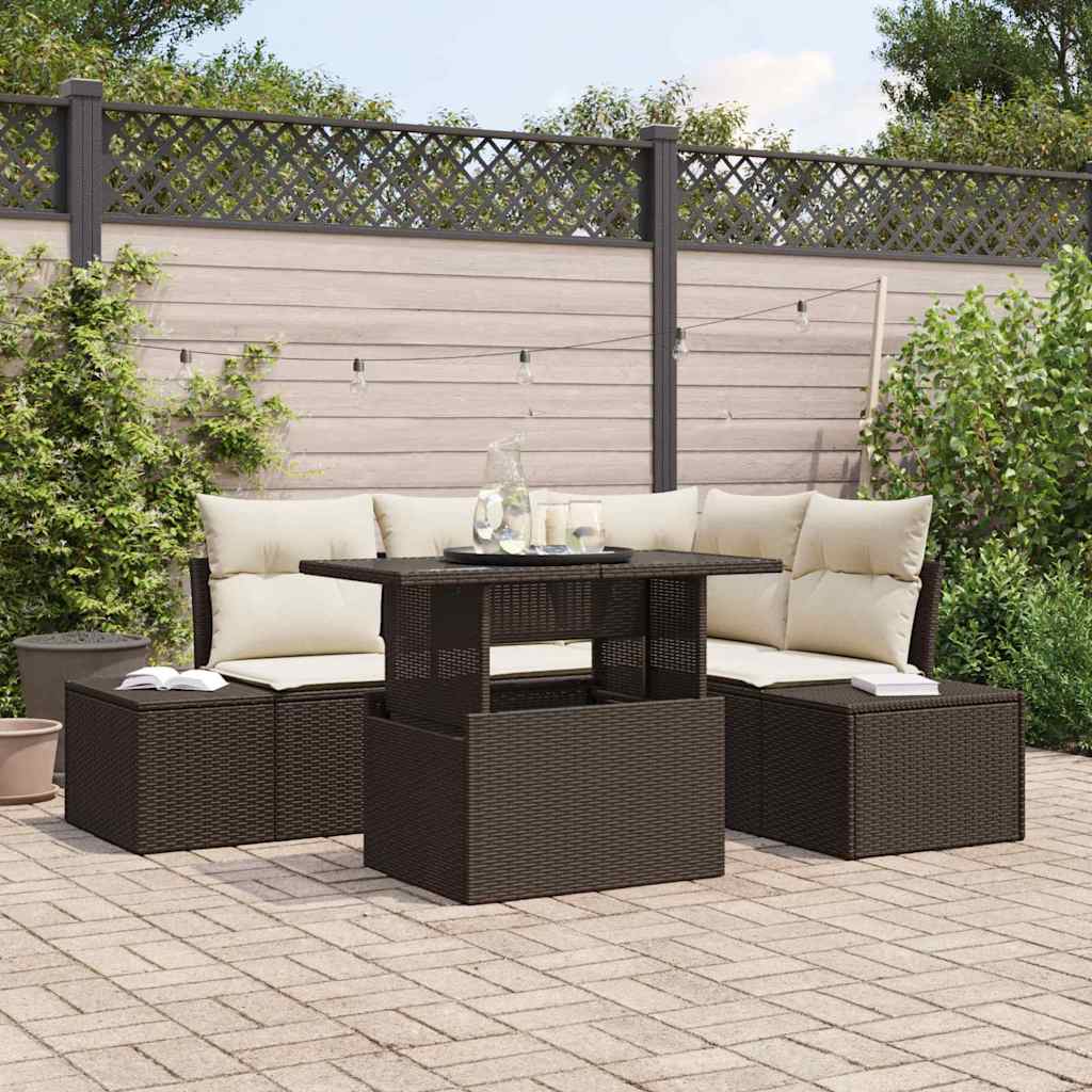 Tuin Sofa Set met kussen 5 pcs Bruin en Crème poly rattan is nu te koop bij PeponiXL, paradijselijk wonen!