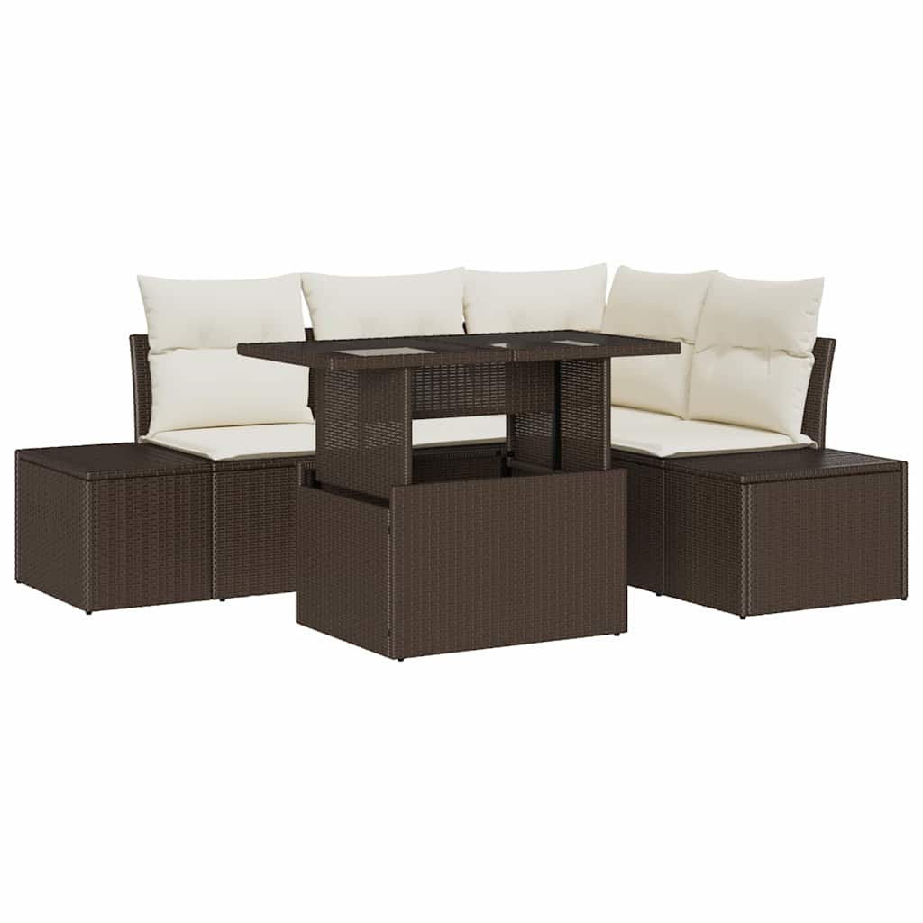 Tuin Sofa Set met kussen 5 pcs Bruin en Crème poly rattan is nu te koop bij PeponiXL, paradijselijk wonen!