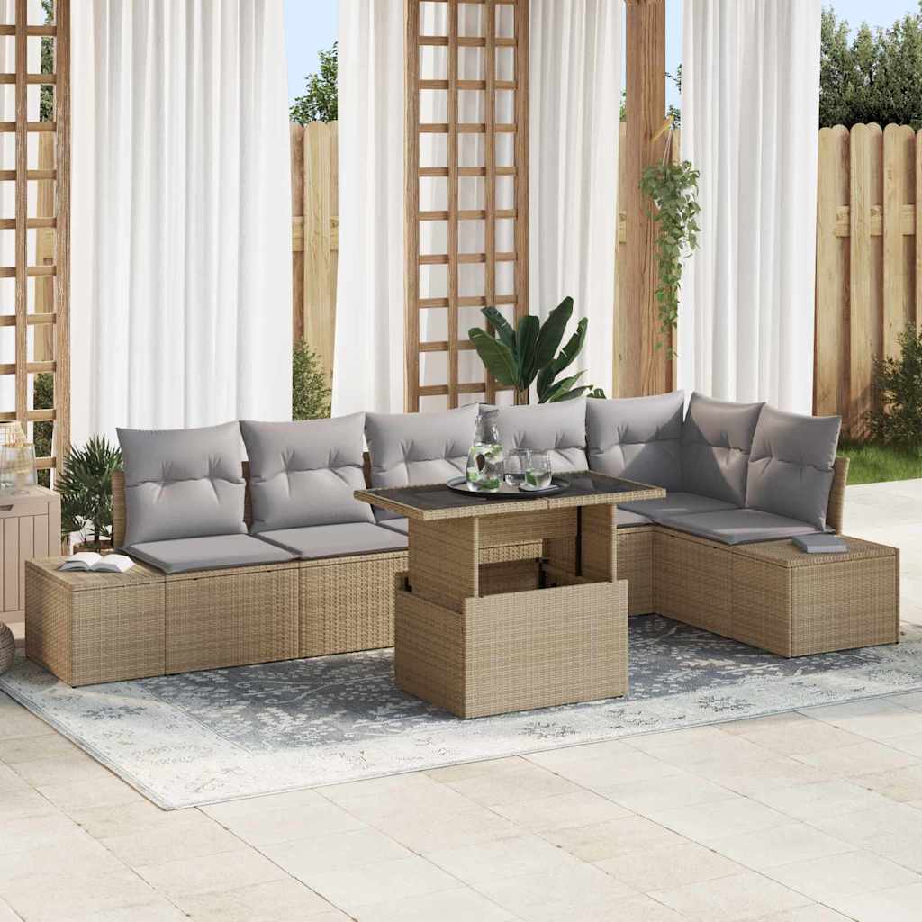 Tuin Sofa Set met kussen 7 pcs Beige en Licht Grijs poly rattan is nu te koop bij PeponiXL, paradijselijk wonen!