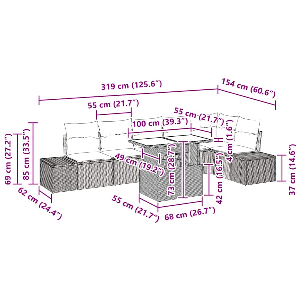 Tuin Sofa Set met kussen 7 pcs Lichtgrijs poly rattan is nu te koop bij PeponiXL, paradijselijk wonen!