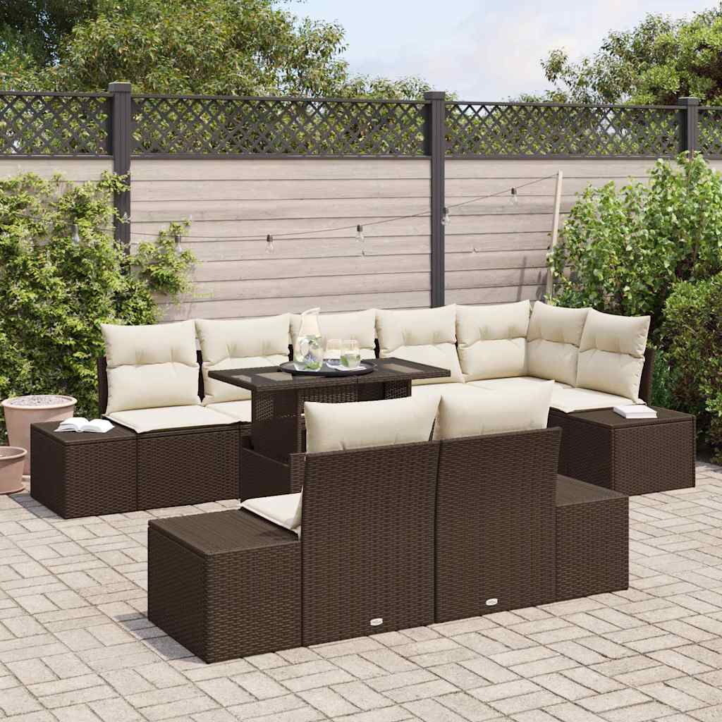 Tuin Sofa Set met kussen 9 pcs Bruin en Crème poly rattan is nu te koop bij PeponiXL, paradijselijk wonen!
