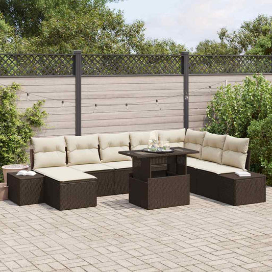 Tuin Sofa Set met kussen 9 pcs Bruin en Crème poly rattan is nu te koop bij PeponiXL, paradijselijk wonen!