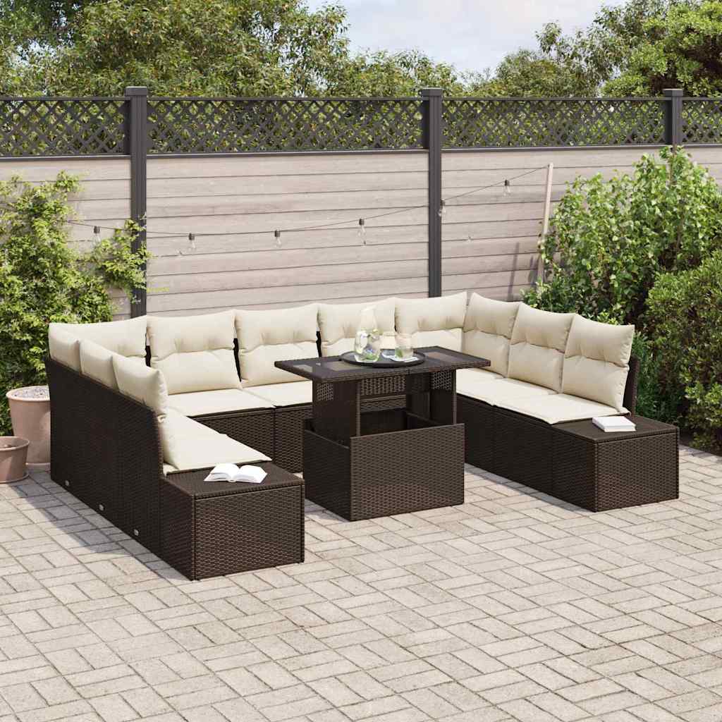 Tuin Sofa Set met kussen 10 pcs Bruin en Crème poly rattan is nu te koop bij PeponiXL, paradijselijk wonen!
