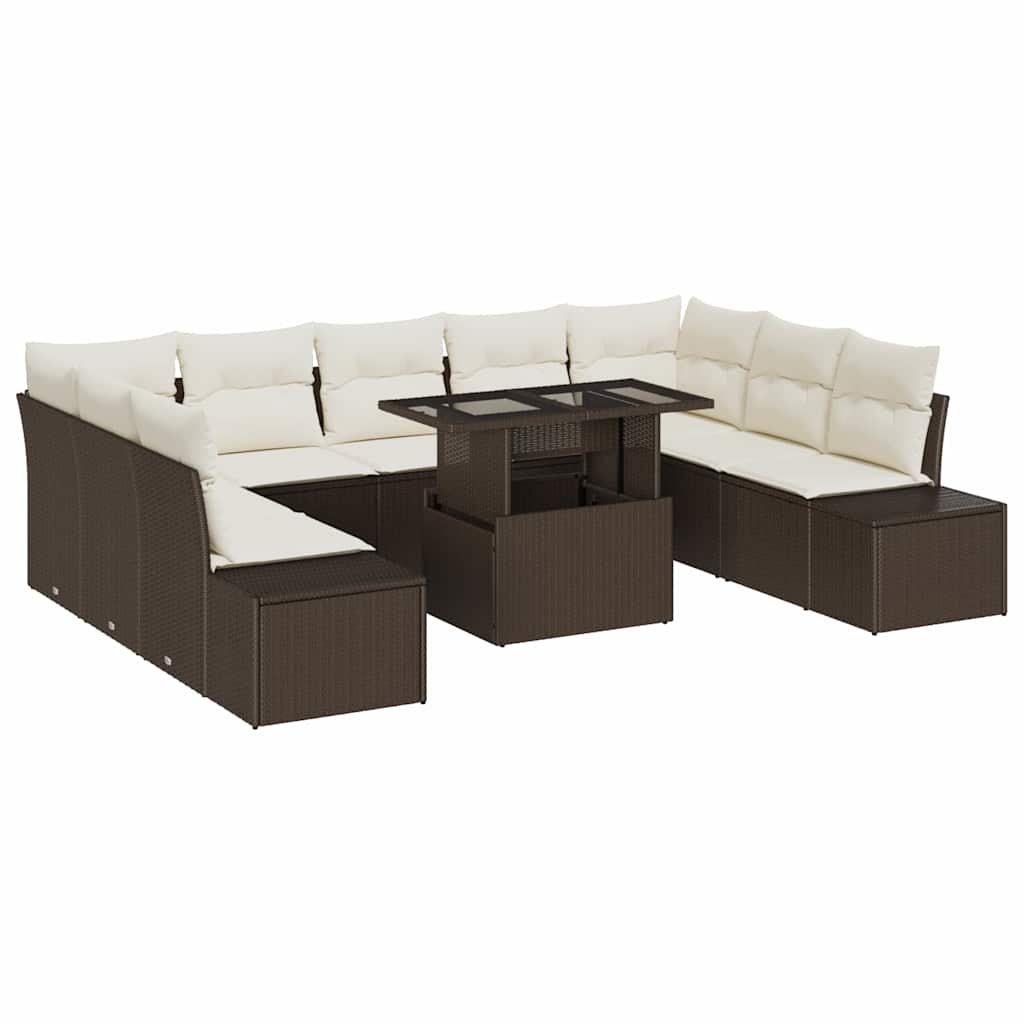 Tuin Sofa Set met kussen 10 pcs Bruin en Crème poly rattan is nu te koop bij PeponiXL, paradijselijk wonen!
