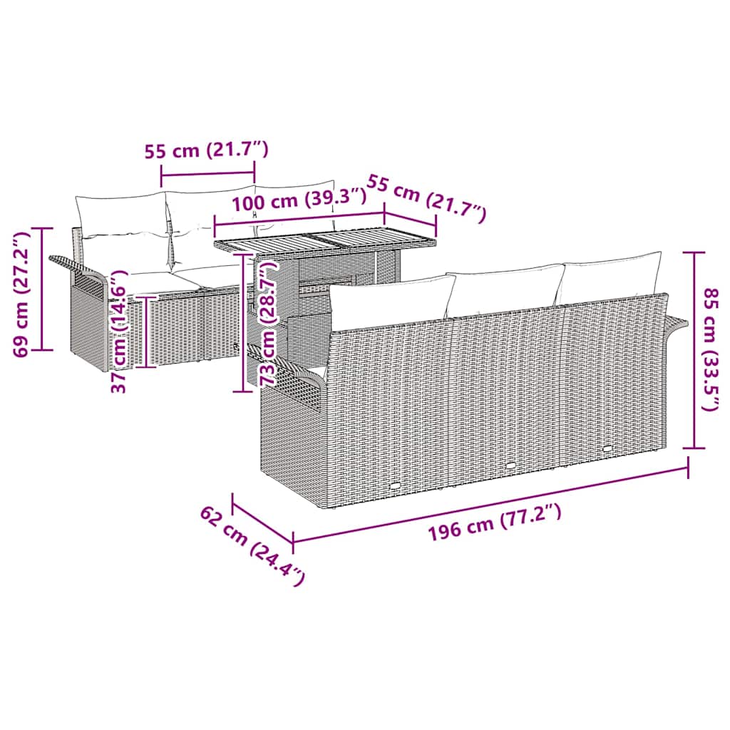 Tuin Sofa Set 7 pcs Grijs Poly rattan en gepoedercoat staal is nu te koop bij PeponiXL, paradijselijk wonen!