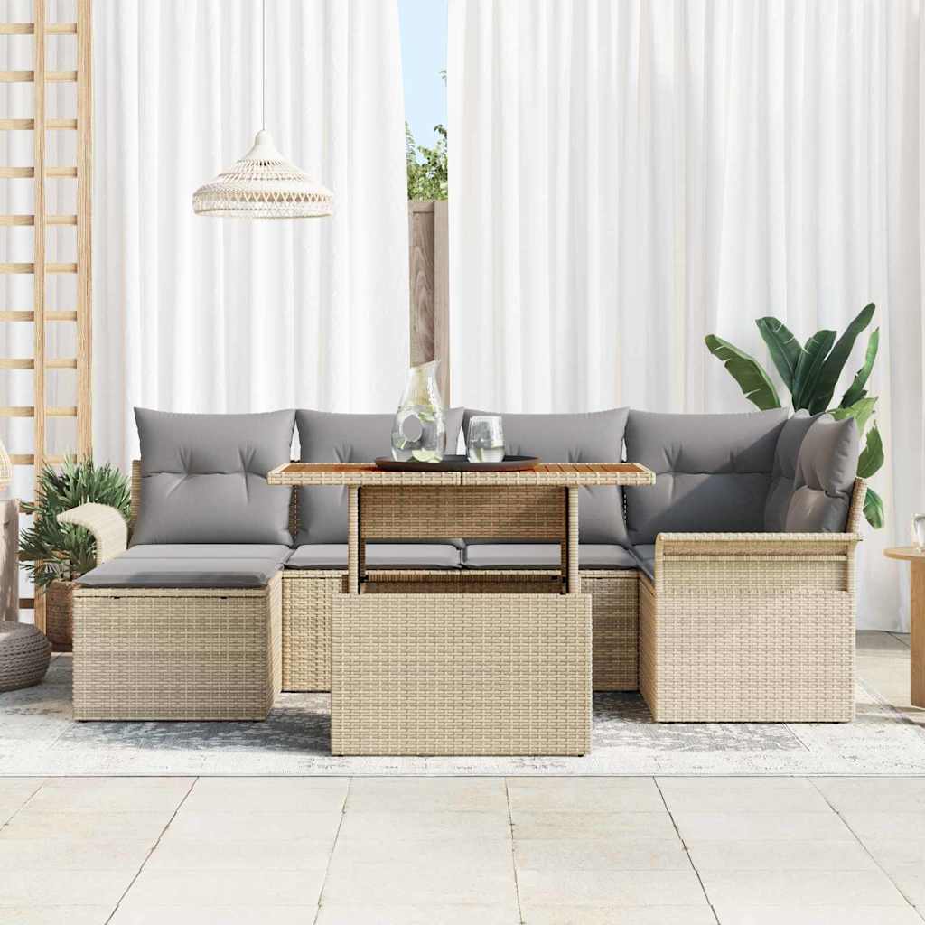 Tuinbankenset met kussen 7 pcs Beige en Licht Grijs poly rattan is nu te koop bij PeponiXL, paradijselijk wonen!