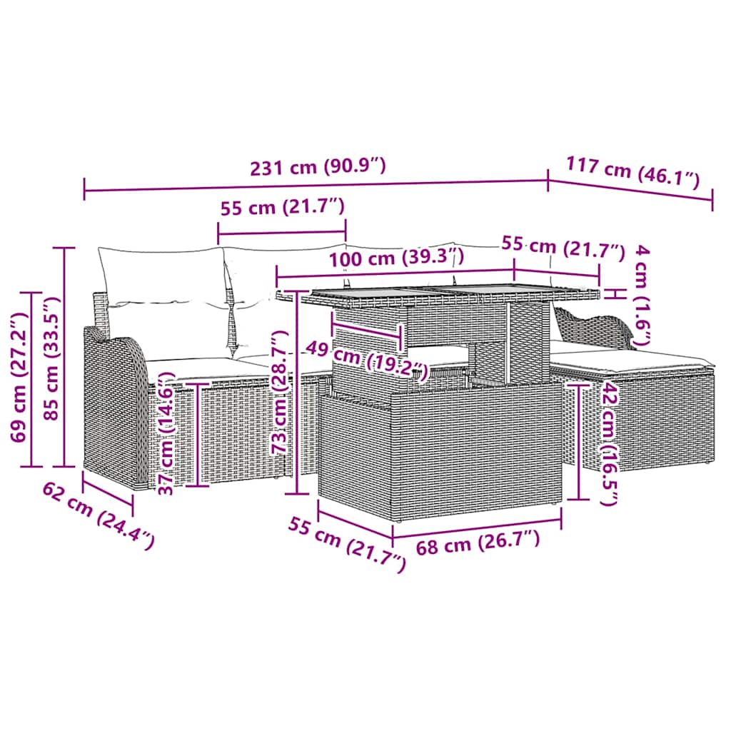 Tuinbankenset met kussen 6 pcs Grijs poly rattan is nu te koop bij PeponiXL, paradijselijk wonen!