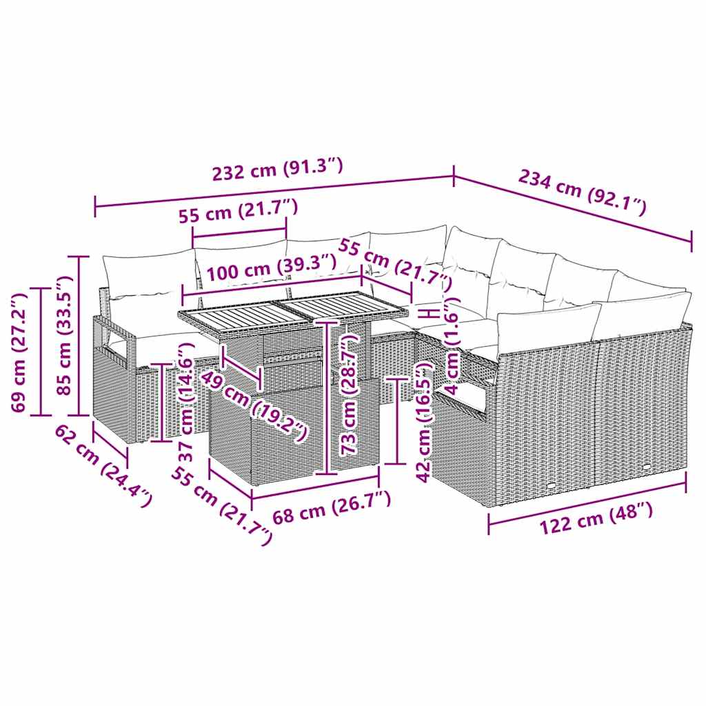 Tuin Eetset met kussen 9 pcs Beige en Grijs is nu te koop bij PeponiXL, paradijselijk wonen!