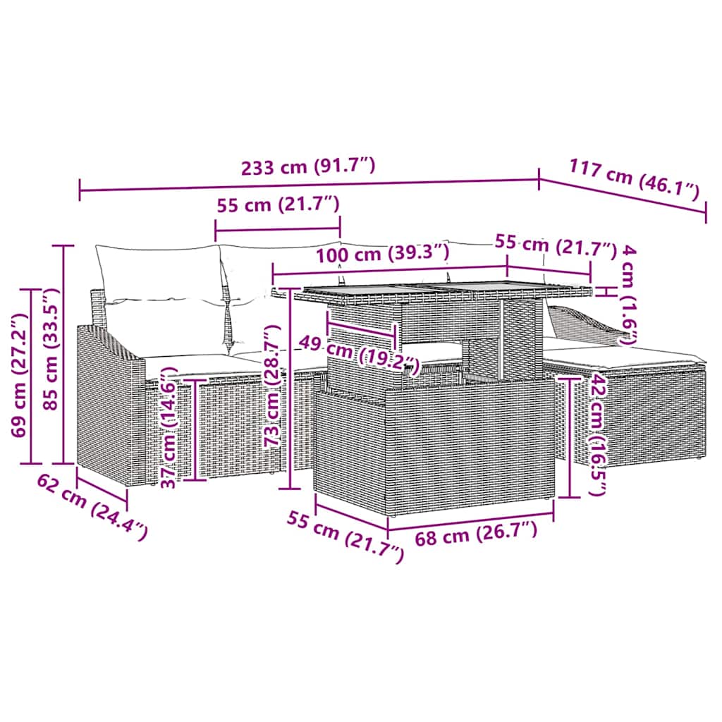 Tuin Eetset met kussen 6 pcs Grijs en Bruin is nu te koop bij PeponiXL, paradijselijk wonen!