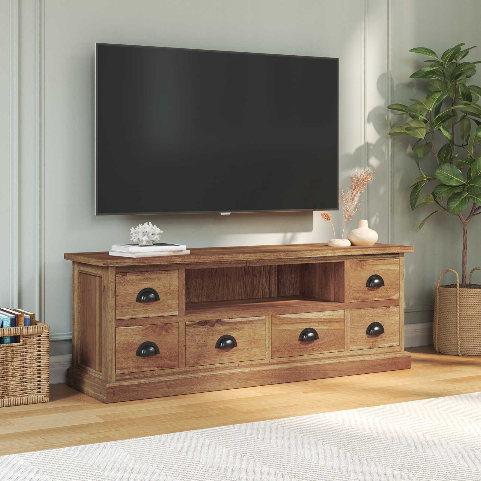 TV-standaard met lade Naturel 110 x 30 x 40 cm Massief Teakhout is nu te koop bij PeponiXL, paradijselijk wonen!