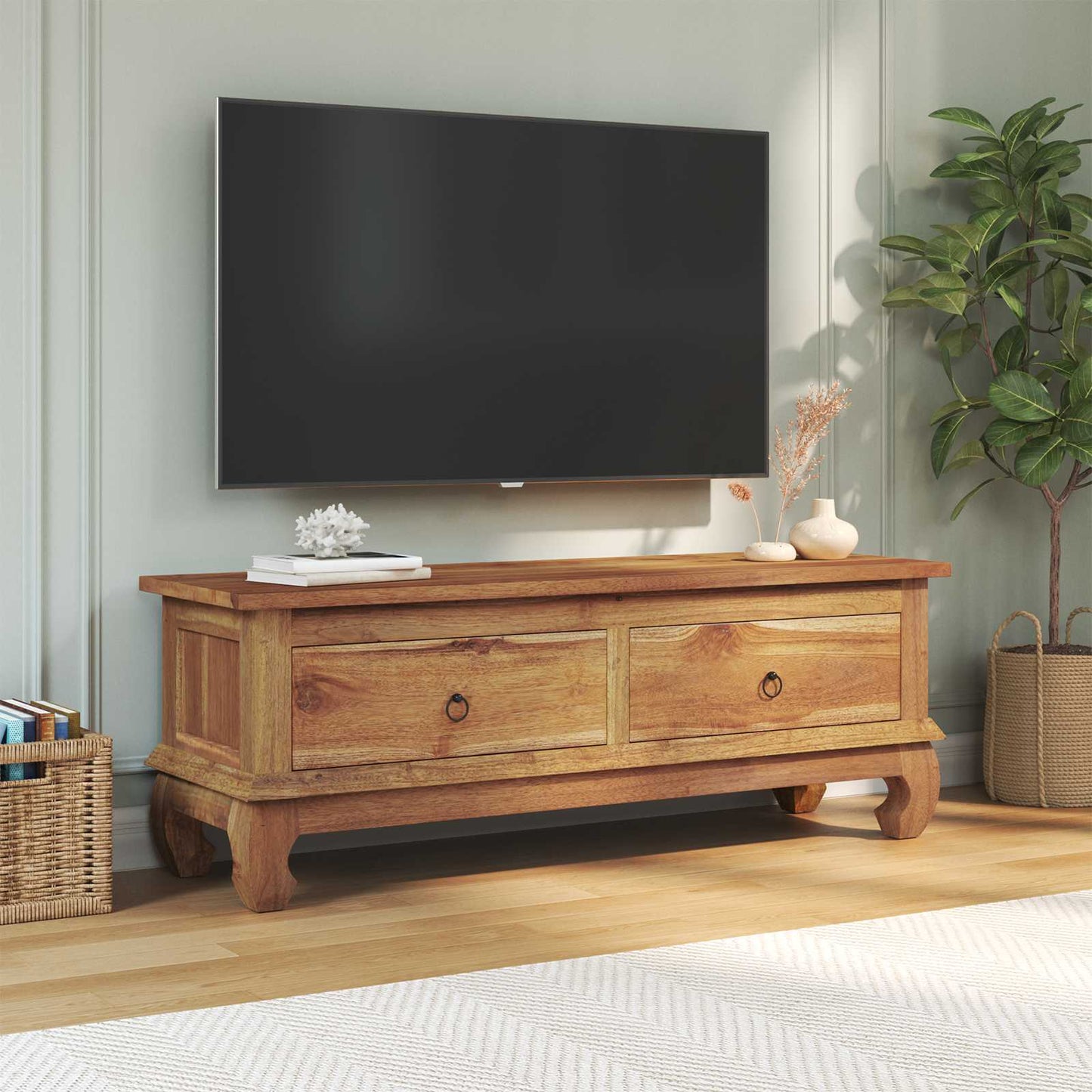 TV-standaard met lade Naturel 110 x 35 x 40 cm Massief Teakhout is nu te koop bij PeponiXL, paradijselijk wonen!