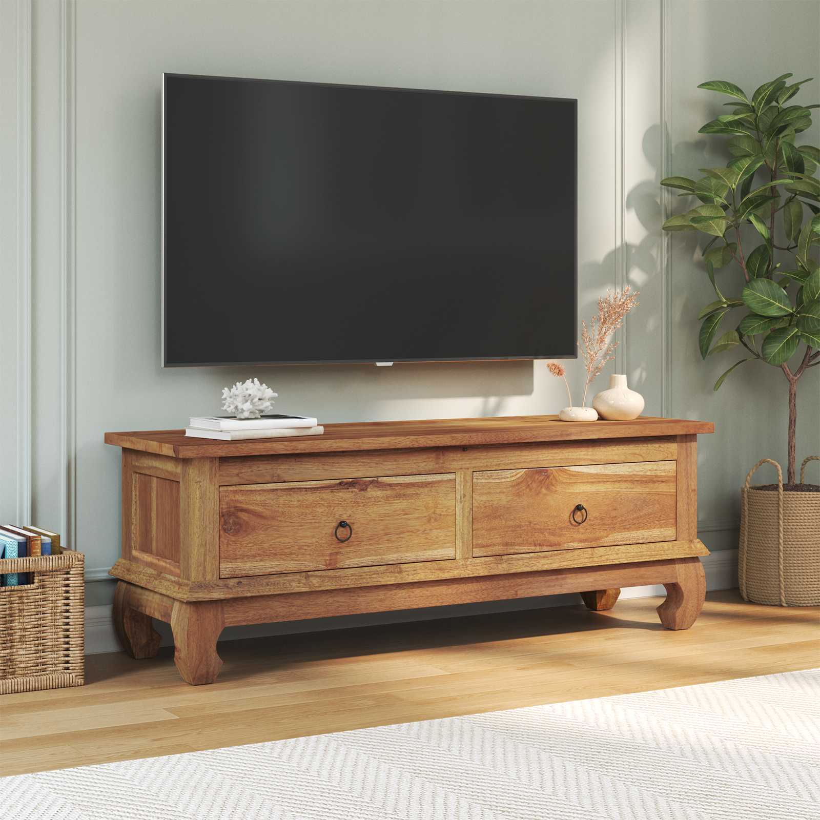 TV-standaard met lade Naturel 110 x 35 x 40 cm Massief Teakhout is nu te koop bij PeponiXL, paradijselijk wonen!
