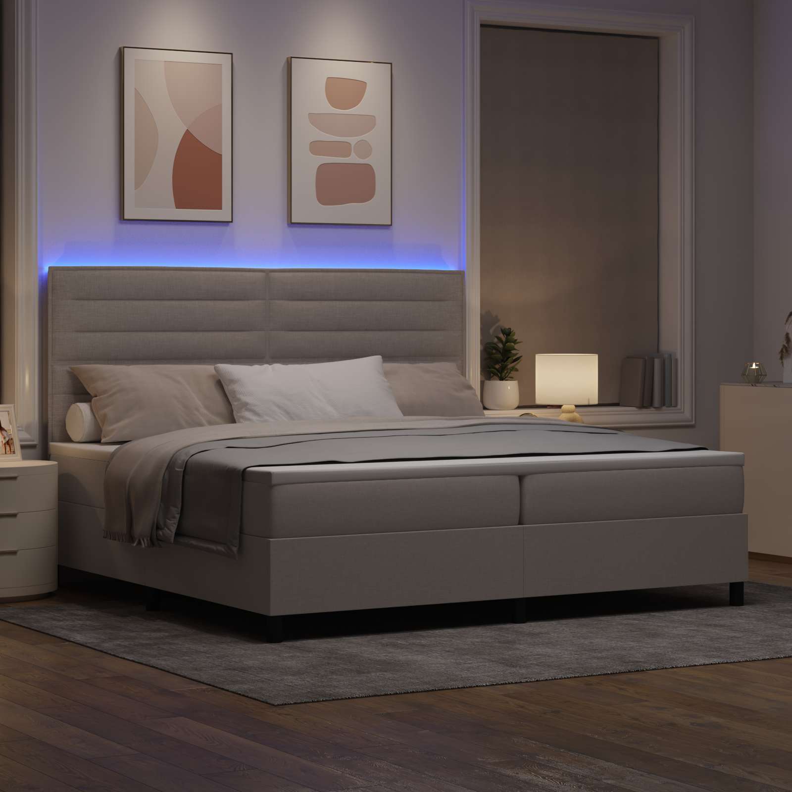 Boxspring bed met matras met LED Taupe 200 x 200 cm Stof is nu te koop bij PeponiXL, paradijselijk wonen!