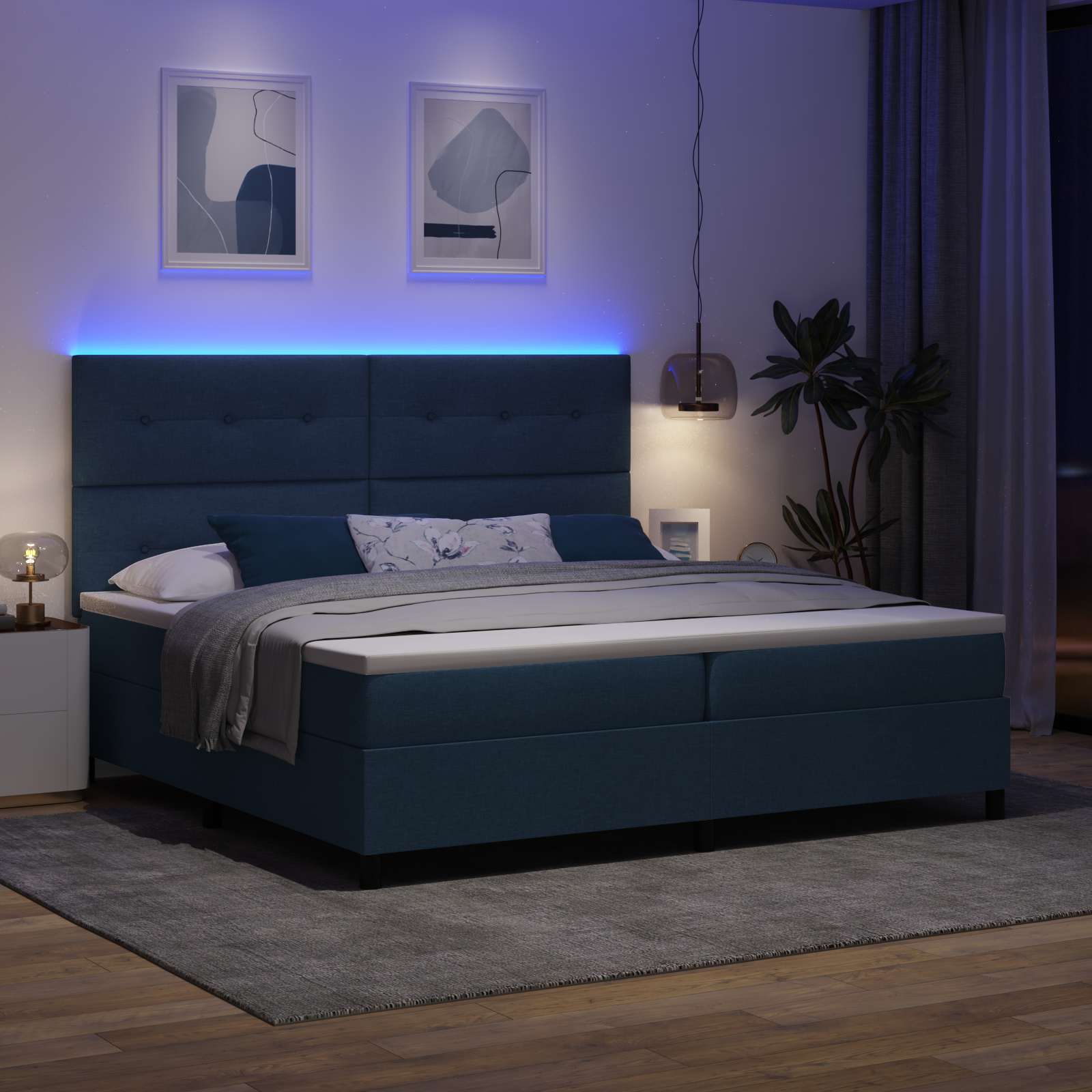 Boxspring bed met matras met LED Blauw 200 x 200 cm Stof is nu te koop bij PeponiXL, paradijselijk wonen!