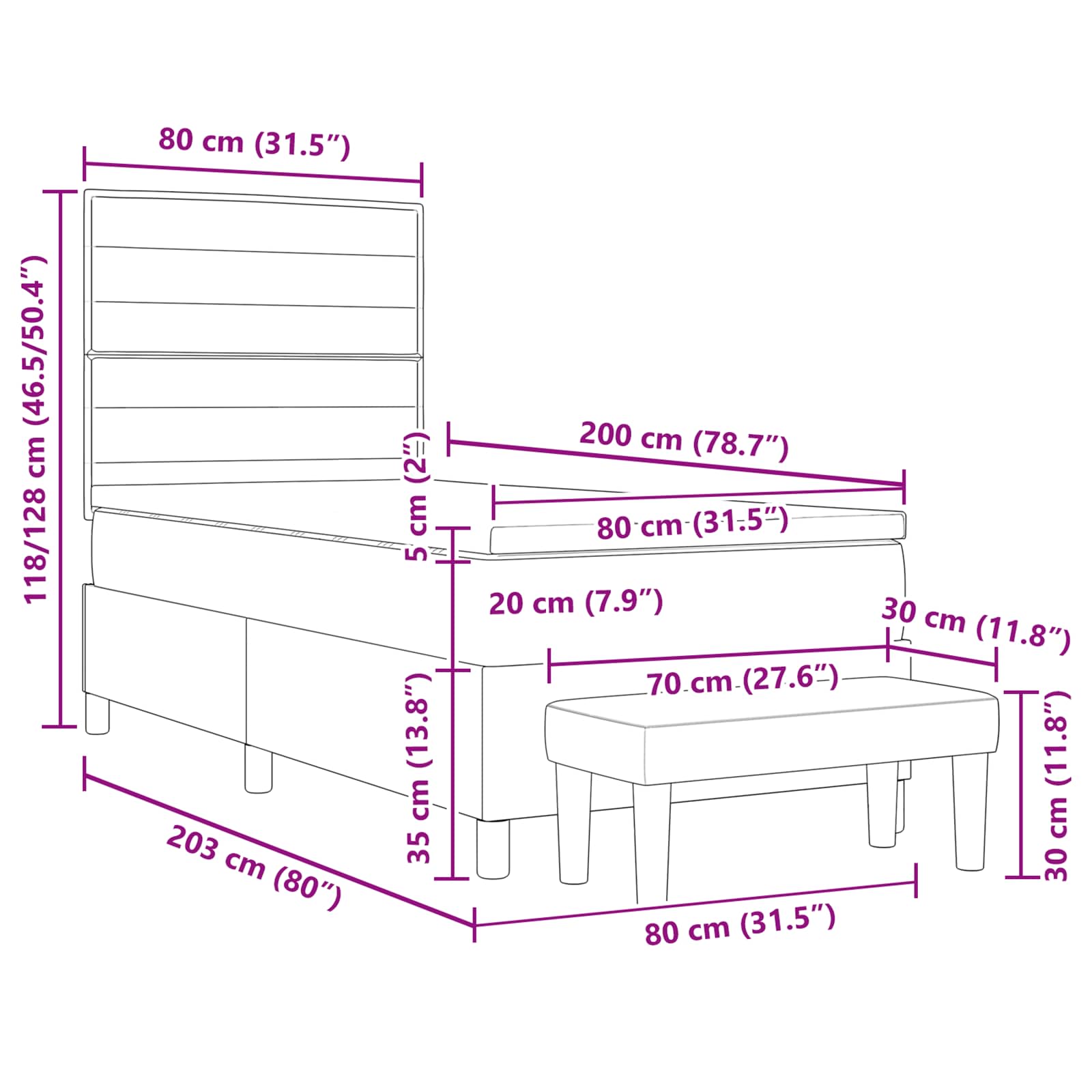 Boxspringbed met kussen met hoofdeinde Zwart 80 x 200 cm Stof is nu te koop bij PeponiXL, paradijselijk wonen!