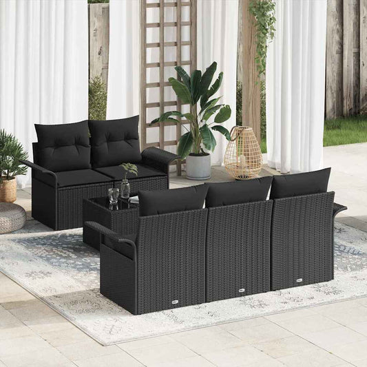 Tuin Sofa Set met kussen 6 pcs Zwart Poly rattan, staal en glas is nu te koop bij PeponiXL, paradijselijk wonen!