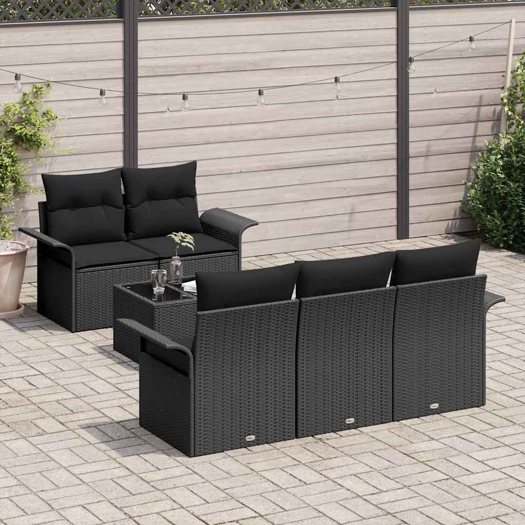 Tuin Sofa Set met kussen 6 pcs Zwart Poly rattan, staal en glas is nu te koop bij PeponiXL, paradijselijk wonen!